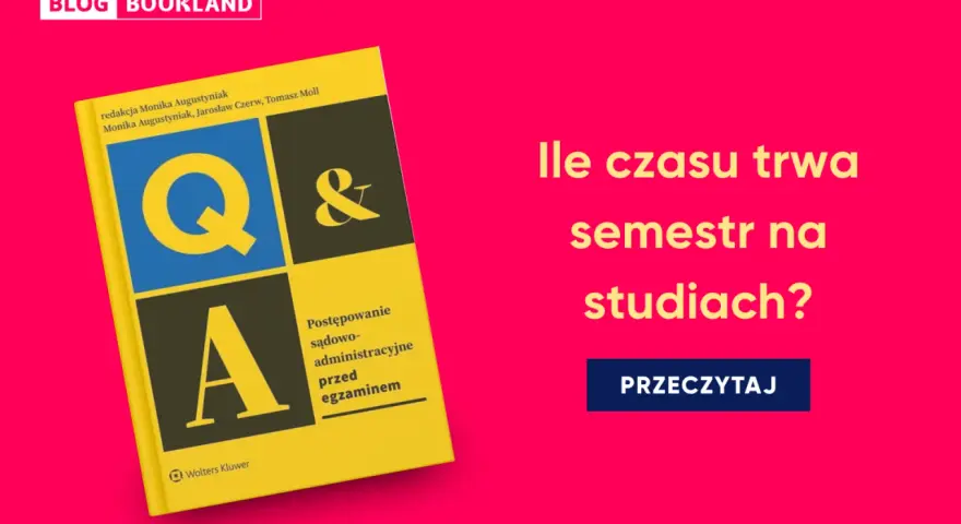 Żółta książka "Q&A" obok pytania "Ile czasu trwa semestr na studiach?".