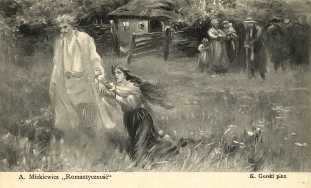 Scena z ballady romantyczność: dziewczyna błaga o dziecko, obok chata i postacie.