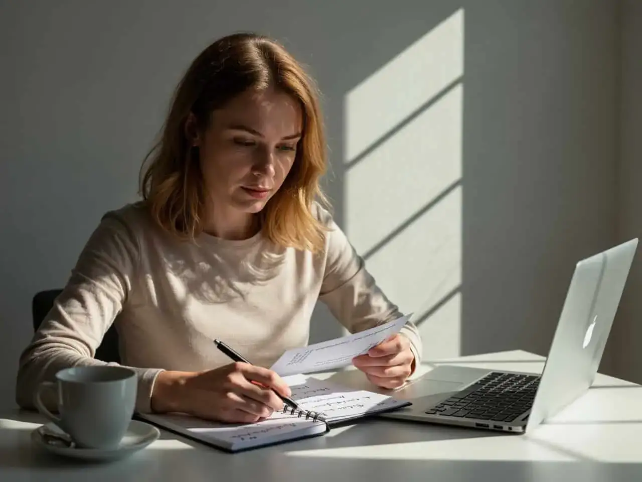 Kobieta skupiona na pracy, tworzy tekst. Jej biurko zdobi laptop, notatnik i filiżanka kawy. To idealne miejsce do efektywnego copywriting.