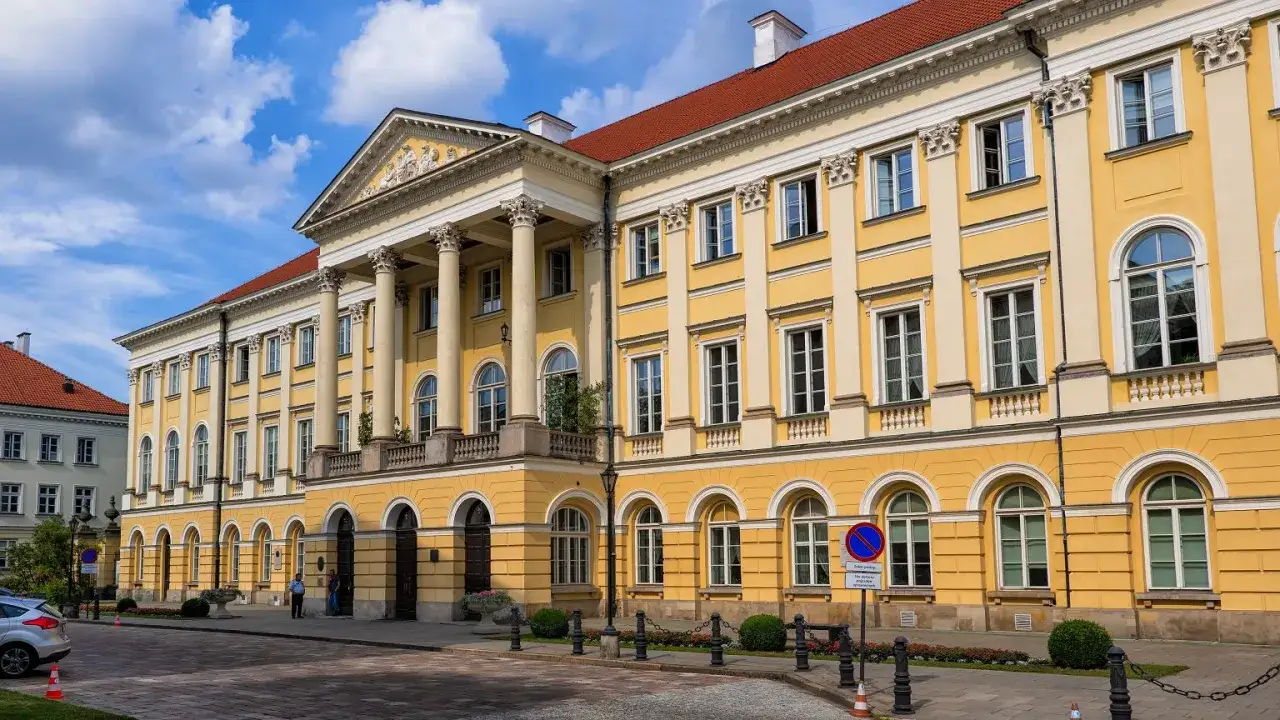 Imponujący żółty budynek z kolumnami, jeden z symboli najlepszych uczelni w Polsce.