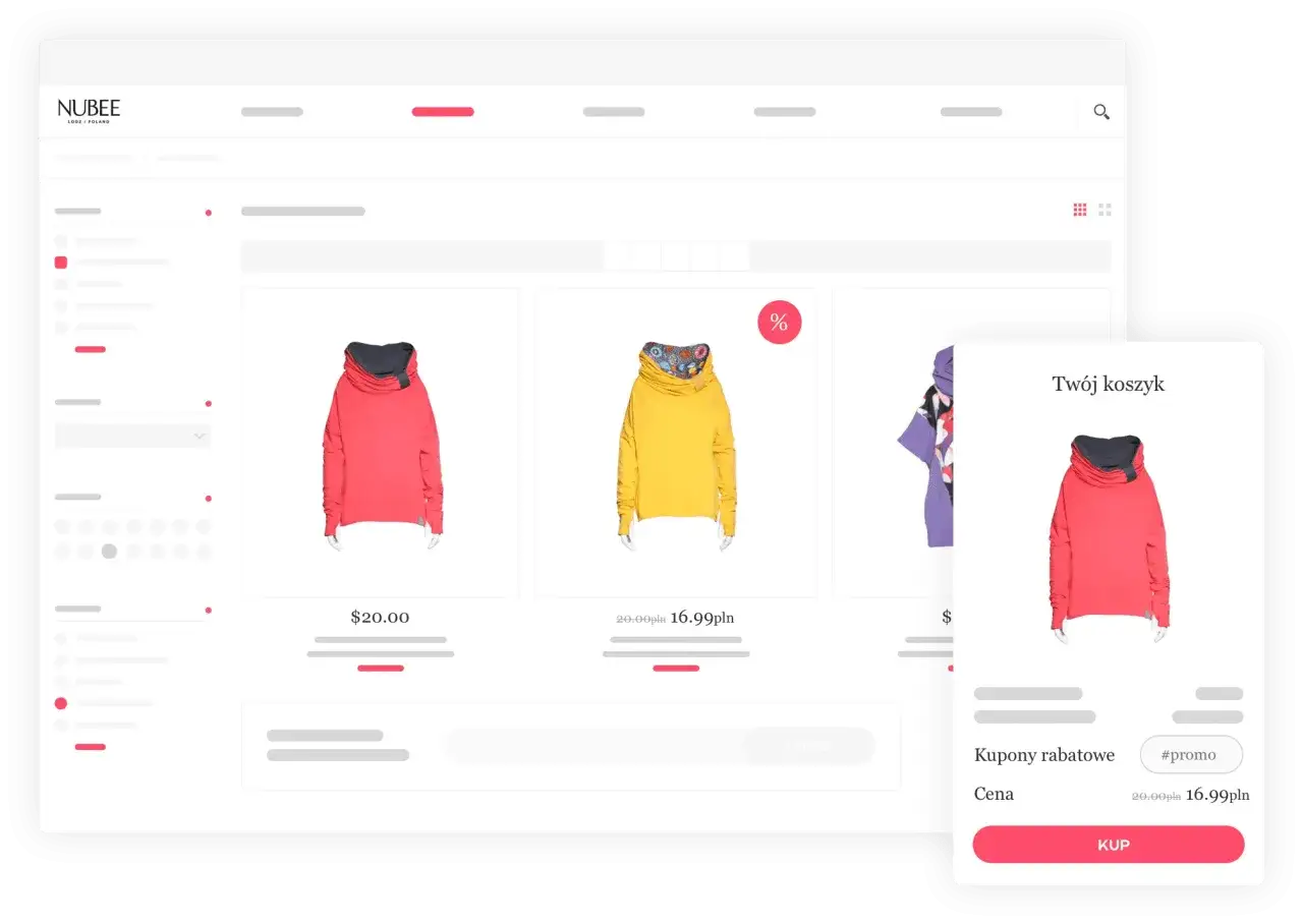 Strona e-commerce z bluzami. W koszyku widoczna czerwona bluza, cena promocyjna 16.99pln.