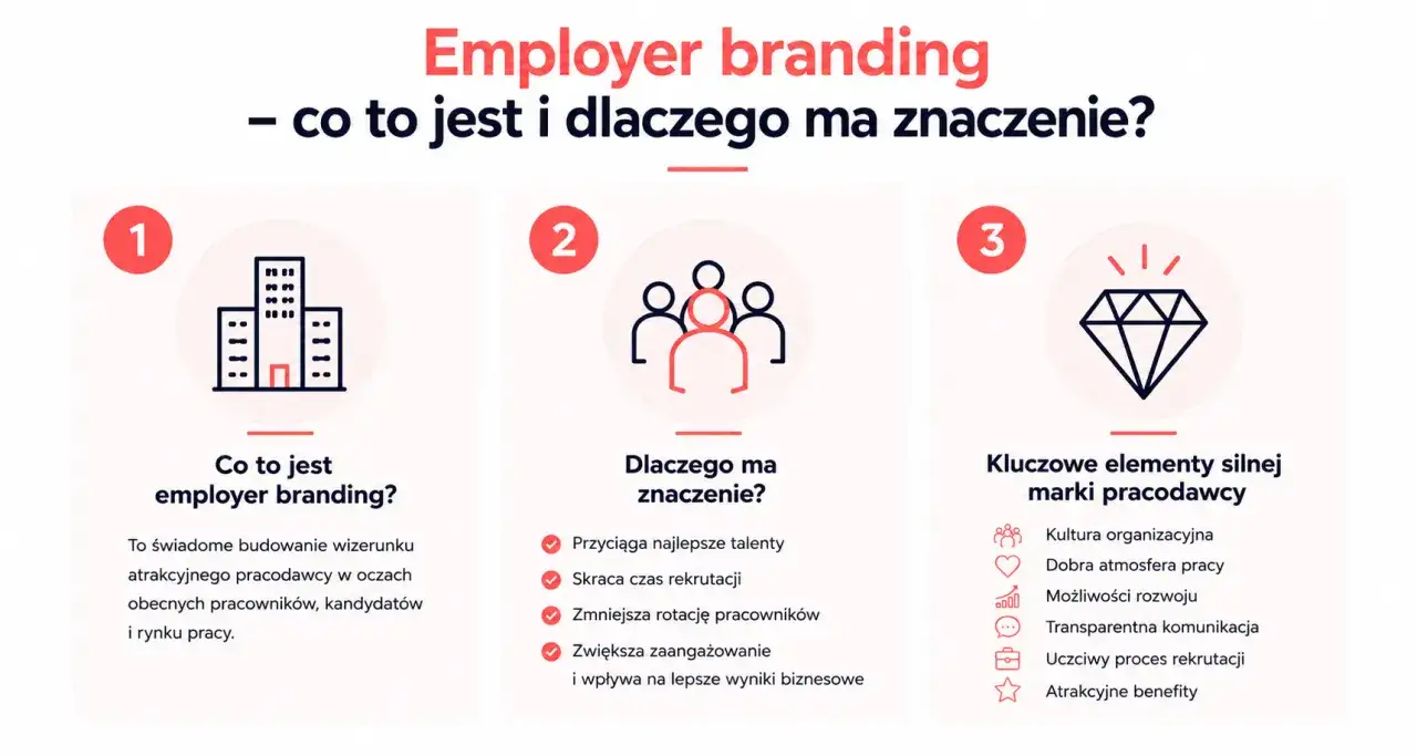 Employer branding co to? Grafika wyjaśnia, czym jest budowanie wizerunku pracodawcy, dlaczego jest ważne i jakie elementy tworzą silną markę pracodawcy.