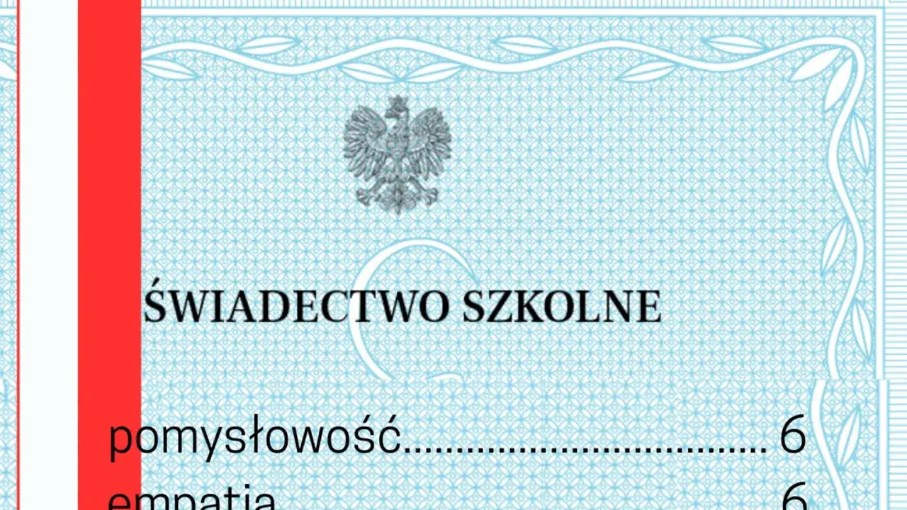 Świadectwo szkolne z orłem i czerwony pasek średnia. Ocena z pomysłowości to 6.