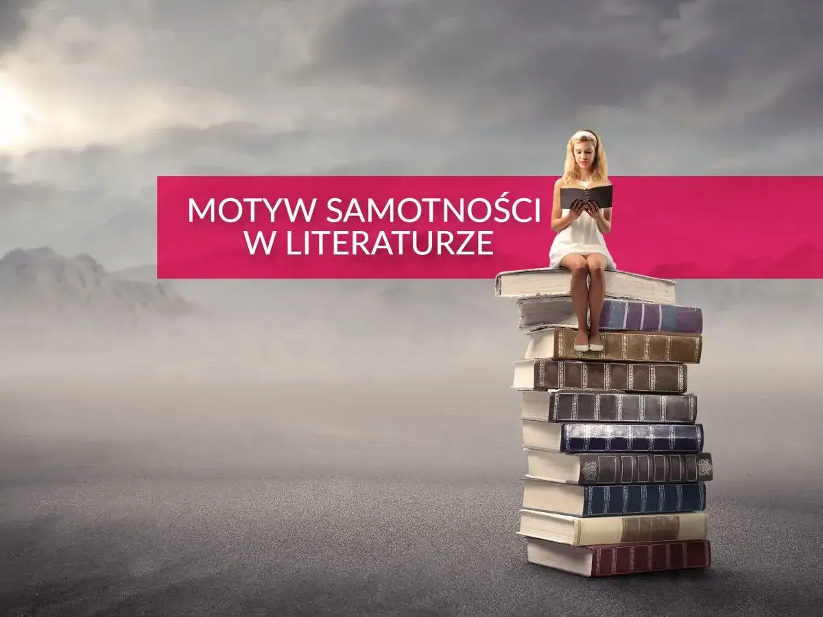 Dziewczyna w białej sukience czyta książkę, siedząc na stosie tomów. Tytuł