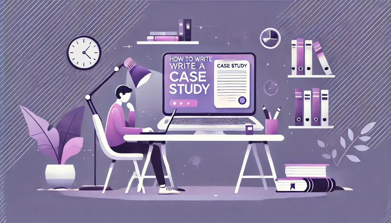 Osoba przy biurku uczy się, jak napisać case study. Na ekranie laptopa widnieje tytuł 
