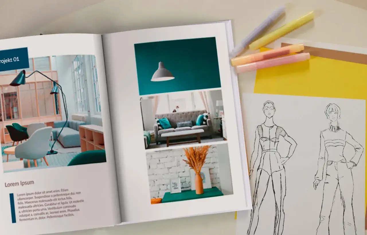 Otwarta księga z inspiracjami: projekt wnętrz i szkice modowe. Idealne portfolio kreatywności.