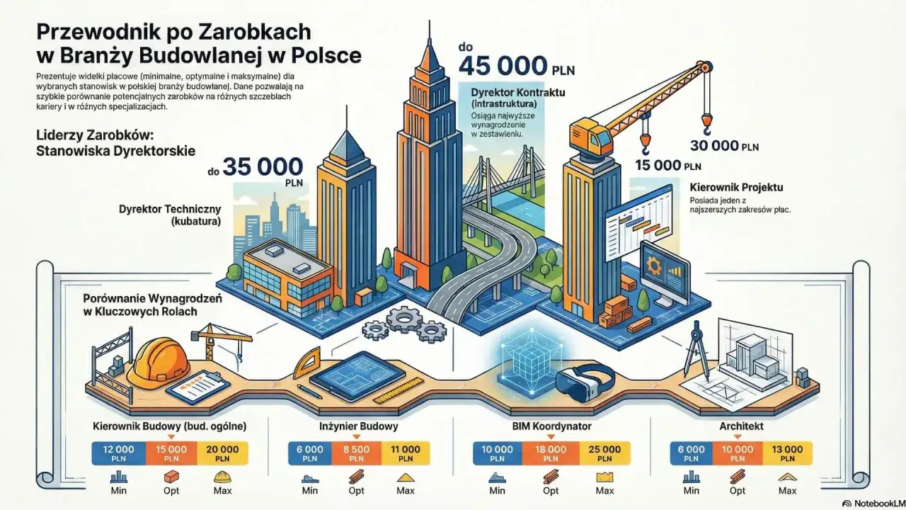 Ile zarabia kierownik budowy? W branży budowlanej zarobki kierownika budowy wahają się od 12 000 do 20 000 PLN.