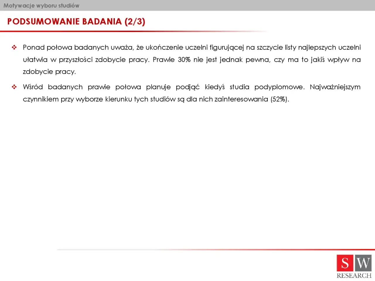 Podsumowanie badania: ukończenie dobrej uczelni ułatwia zdobycie pracy, a zainteresowania są kluczowe przy wyborze, jakie studia wybrać.