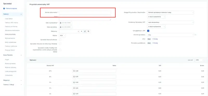 Formularz przychodu uniwersalnego VAT, z zaznaczoną opcją sprzedaży bezrachunkowej.