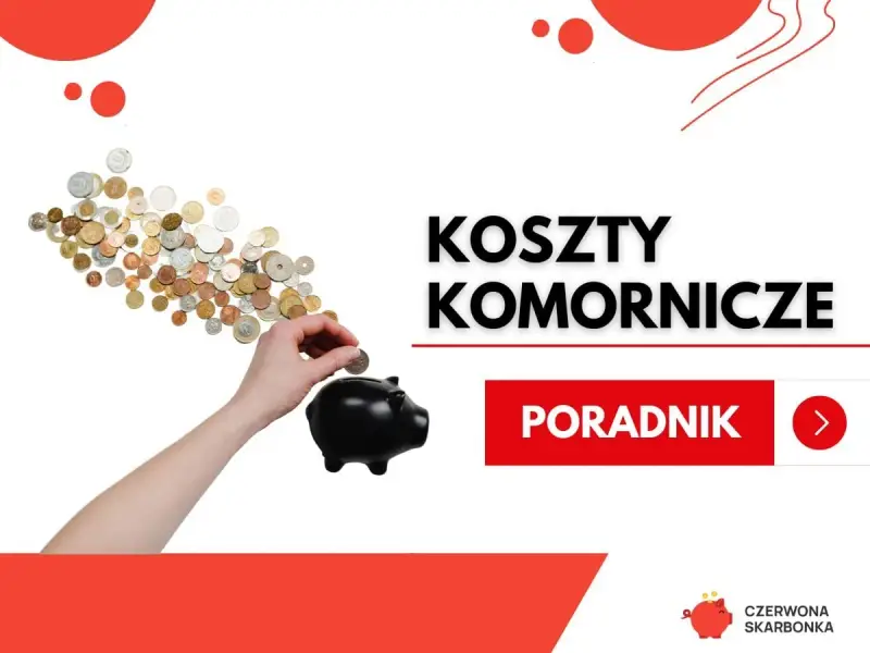 Ręka wrzuca monetę do świnki-skarbonki. Tekst: "Koszty komornicze". Dowiedz się, ile zarabia komornik.