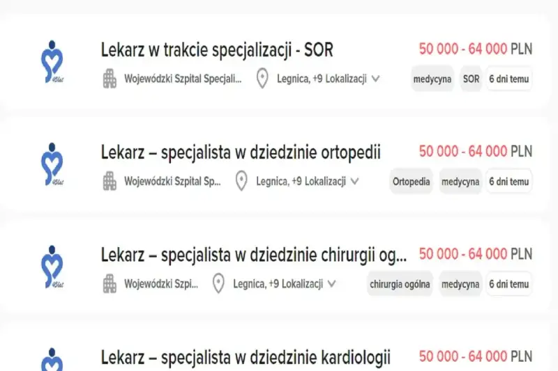 Zestawienie ofert pracy dla lekarzy w szpitalach, pokazujące, ile zarabia lekarz w zależności od specjalizacji i etapu kariery, np. 50 000-64 000 PLN.
