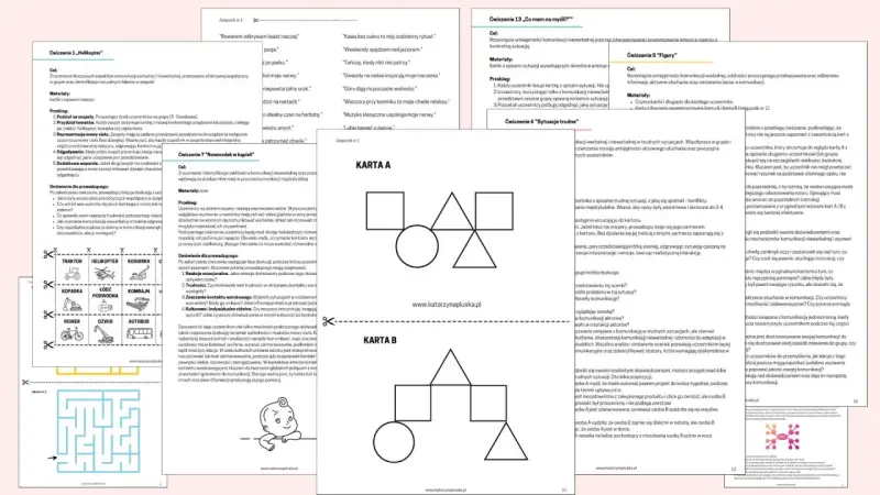 Karta A i B z figurami geometrycznymi do ćwiczenia komunikacji werbalnej i niewerbalnej.