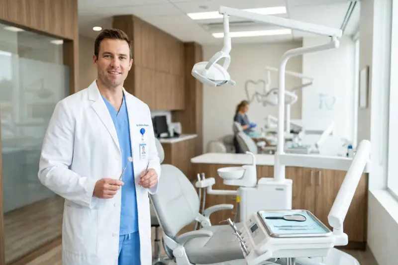 Uśmiechnięty dentysta w białym fartuchu trzyma narzędzia. W tle gabinet stomatologiczny, gdzie można dowiedzieć się, ile zarabia dentysta.